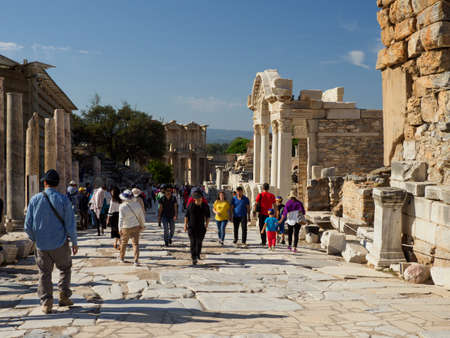 Ephesus, Turkey - October 06, 2018: Tourists visiting the ruins of ancient  city of Ephesus, Izmir...
