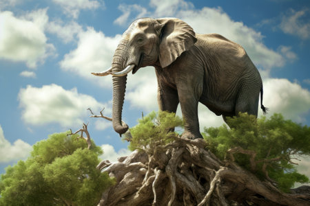 The big elephant is surprisingly stand on the top of the tree with green leave and the blue sky and white could is in the background which is generated by AI.の素材
