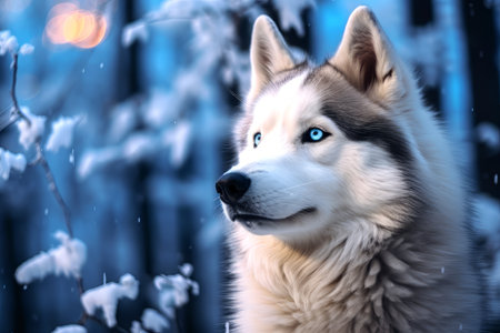 Portrait of fluffy Siberian husk in a snowy forest and winter background.の素材