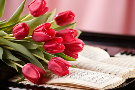 Bouquet of red tulips are on piano sheet music showing love and romance.の素材