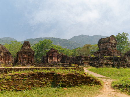 Various ruins of the ancient Shiva Hindu temple at My Son sanctuary in central Vietnam which was constructed between the 4th and the 14th century.の写真素材