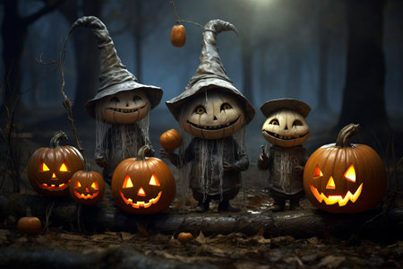 Displaying of the Halloween holiday with 3 black witch dolls  arved pumpkins, and glowing jack-o-lanterns.の素材