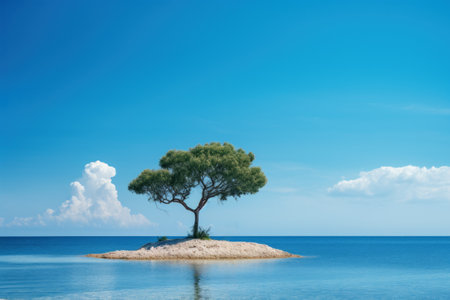 The beautiful scenery of a tiny island with a big tree on the island and blue sea, blue sky, white cloud.の素材