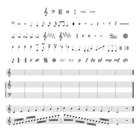 Musical notes, clefs and other musical notation symbols on a white background. Music composing concept vector illustration for your design.のイラスト素材