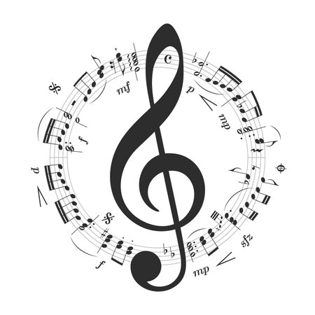 Music notes, clef, stave, signs of musical alliteration on white background. Music composing concept vector illustration.のイラスト素材
