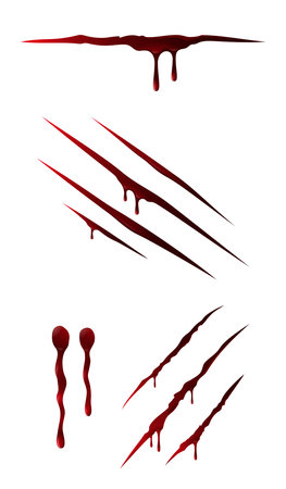 Blood stains set on white background. Claw marks, cuts and drops stains, dripping blood, blood drop splashes. Crime scene, horror, murder and wound concept. Vampire bite.のイラスト素材