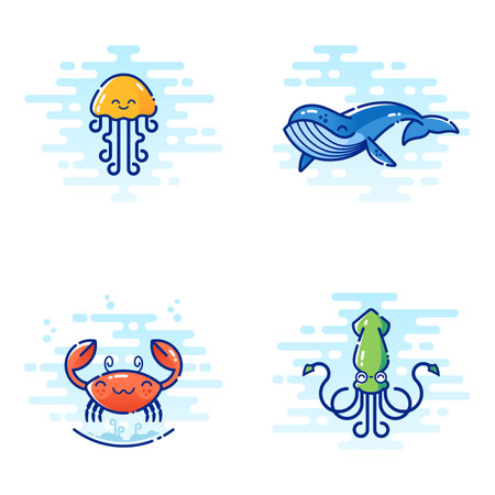Set of four sea creatures. Jellyfish, whale, crab and squid in cute colourful style.のイラスト素材