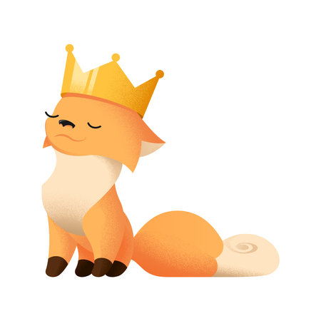 Cute cartoon fox with fluffy tail character design. Wearing a crown, feeling fabulous, looking gorgeous, wealth concept. Vector illustration isolated on white background.のイラスト素材