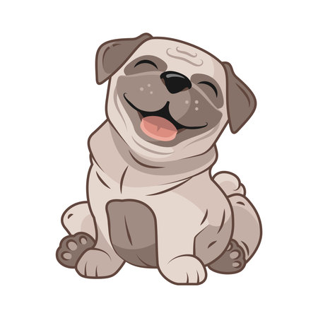 Cute cartoon pug character design. Sitting and smiling with tongue stick out, chubby puppy,  funny adorable pet, happy dog smile. Illustration isolated on white background.のイラスト素材