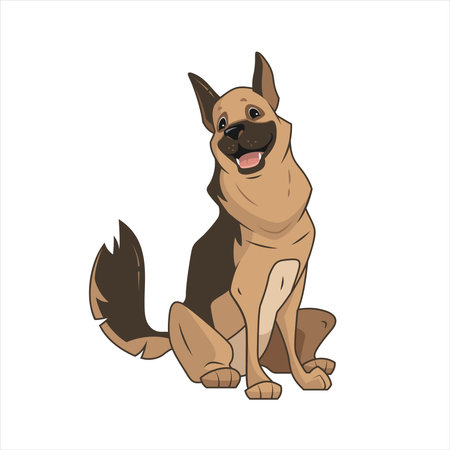 Cute german shepherd character design. Sitting and smiling with tongue stick out, fluffy adorable pet, happy dog smile, pedigree dog. Illustration isolated on a white background.のイラスト素材