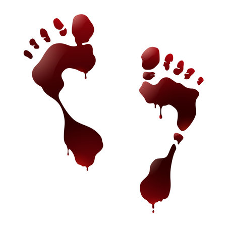 Blood footprints on a white background. Blood stain, dripping blood, blood drop splatter, crime scene, horror concept, halloween decor elements, murder concept, woundのイラスト素材