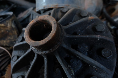 Old rusty wheel of a car, close-up, selective focus