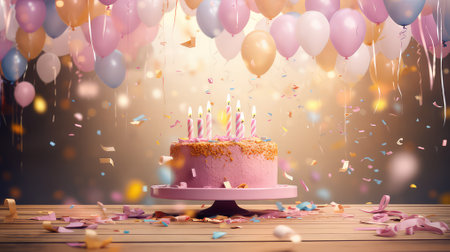 Birthday cake with candles and confetti on wooden table against bokeh backgroundの素材