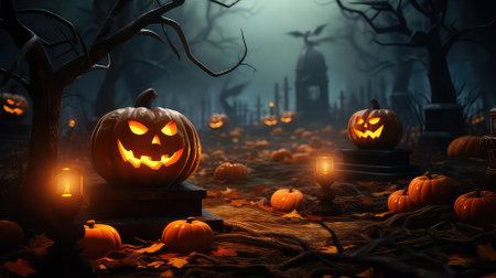 Halloween background with pumpkins and cemetery. 3d rendering.の素材
