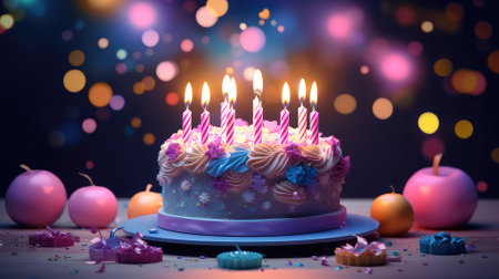 Birthday cake with burning candles on bokeh background. 3d illustrationの素材