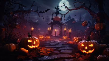 Halloween background with pumpkins and witch's house, 3d renderの素材