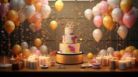 Birthday cake with candles and balloons on wooden table. 3D renderingの素材