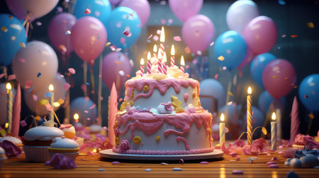 Birthday cake with candles and balloons on a wooden background. 3d renderingの素材