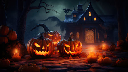 Halloween background with pumpkins and haunted house, 3d renderの素材
