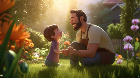 Father and son playing together in the garden. Happy family concept.の素材