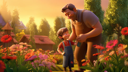 Father and son are planting flowers in the garden. Concept of friendly family.の素材