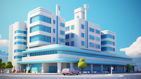 3d render of modern office building with street traffic and blue skyの素材