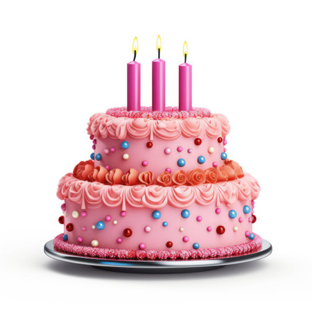 Birthday cake with candles isolated on white background. 3d illustrationの素材