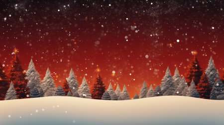 Winter landscape with snowflakes and fir trees on red background.の素材