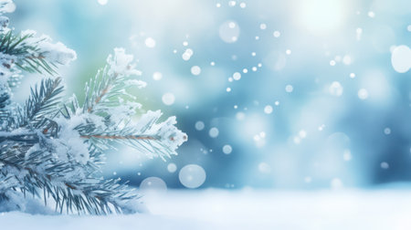 Christmas background with fir branches covered with snow and bokeh lightsの素材