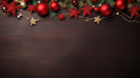 Christmas decoration on wooden background with copy space for text. Top view.の素材