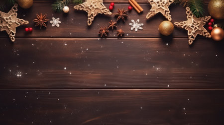 Christmas decoration on brown wooden background. Top view with copy space.の素材