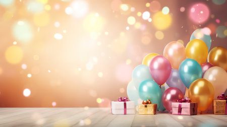 Colorful balloons and gift boxes on wooden table with bokeh backgroundの素材