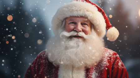 Portrait of santa claus with white beard and mustache on snowy background. Christmas and New Year conceptの素材