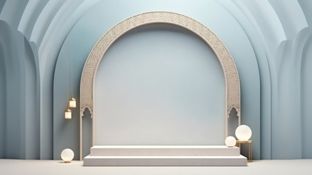 Podium for product presentation with arch and lamps. 3D renderingの素材