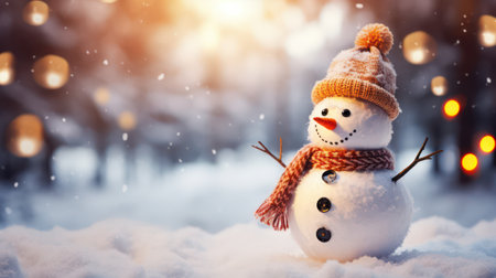 Snowman in the winter forest. Christmas and New Year background.の素材