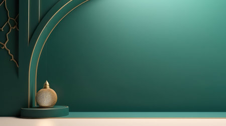 3d render of minimal display podium with golden vase in green roomの素材
