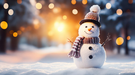 Snowman in the winter forest at sunset. Christmas and New Year background.の素材