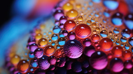 Water drops on colorful background. Close-up of water drops on colorful background.の素材