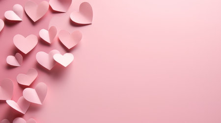 Pink paper hearts on pink background. Valentine's day concept. Copy space.の素材