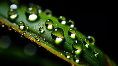 Water drops on a green leaf. Macro photography with shallow depth of field.の素材