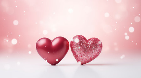 Two red hearts on a pink background with bokeh effect.の素材