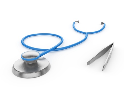 Stethoscope and forceps on a white backgroundの写真素材