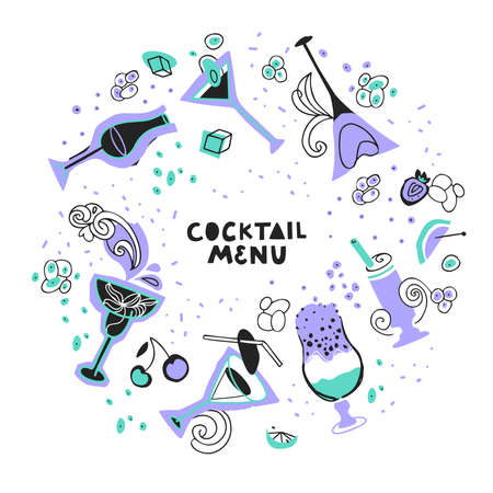 Cocktail menu. Round frame of glass cups with drinks decorated with dots and lines.のイラスト素材