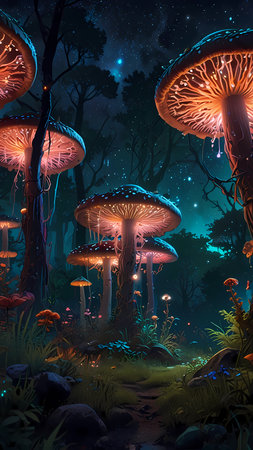 Fantasy landscape with mushrooms in the forest at night - illustration for childrenの素材