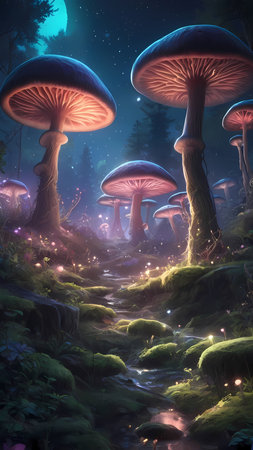 Fantasy landscape with mushrooms in the forest. 3D illustration.の素材