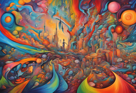 abstract colorful background with a modern city and skyscrapers, illustrationの素材