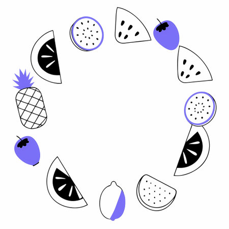 Round frame with watermelon, pineapple, kiwi. Vector illustration.のイラスト素材