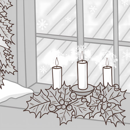 Christmas background with candles, holly and snowflakes. Vector illustration.のイラスト素材