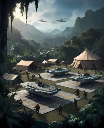3d rendering of the battle scene in the jungle with military equipmentの写真素材