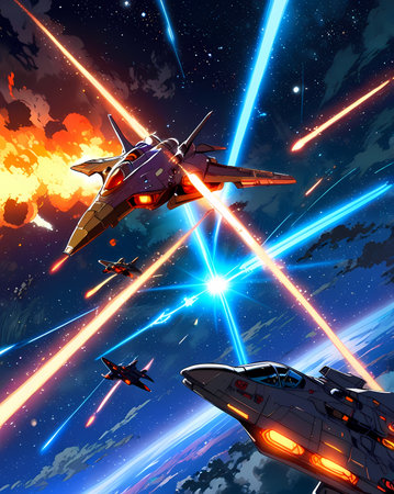 Futuristic spaceship flying in space against the background of stars.の写真素材